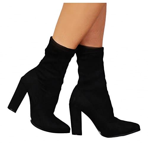 Shoe Closet Ladies Black Stretch Sock Pull On Ankle High Heels Boots UK6/EURO39/AUS7/USA8