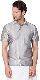 VASTRAMAYMen's Silk Blend Ethnic Shirt - Half Sleeves, South Indian Traditional Shirt for Weddings, Festivals, & Casual Wear