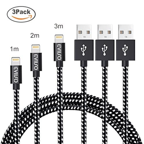 Lightning Charger Cable 3 pack 1m 2m 3m, EVIISO Nylon Braided Lightning to USB Charging and Data Syncing Cable iPhone Charger Cable Lead for iPhone X 8 7 6 6s Plus 5S 5C SE,iPad,iPad Mini,iPod (Black)