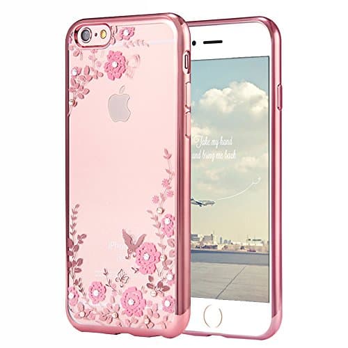 For IPhone 6 / 6S Case, Jamche Ultra Thin Transparent Flowers Bling Crystal Bumper Silicone TPU Gel Clear Rubber Soft Shockproof Protective Back Case Cover Shell for IPhone 6 / 6S, Rose Gold Pink