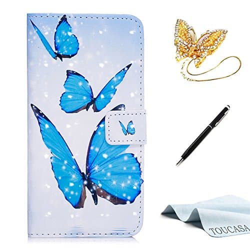 TOUCASA® Huawei P8 Lite 2017 case,Huawei P8 Lite 2017 case,Leather Wallet Magnetic Case Card Slots Cash Holder Kickstand pu Flip Book Case with [3D Bling Glitter Smooth Surface][Cute Animal Unicorn Butterfly Owl] Design for Huawei P8 Lite 2017 + Free Touch Stylus Pen &amp; Dust Plug-Blue Butterfly