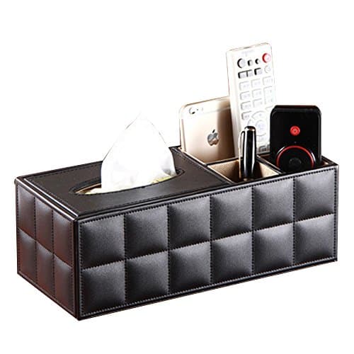 Japace® 3 Slot Muti-functional Large Leather Rectangle Desktop Organizer Storge with Tissue Box for Office and Home Use(Business Card/Pen/Pencil/Mobile Phone/Remote Controller/Cosmetics Holders) - Black Goatskin