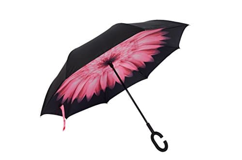 Double Layer Inverted Umbrella C-shaped Handle Reverse &amp; Self Standing Inside Out Umbrella(color pink)