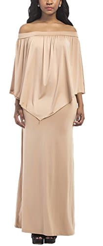 Youtobin Women's Off The Shoulder Flounce Layer Solid Maxi Dress XL Apricot