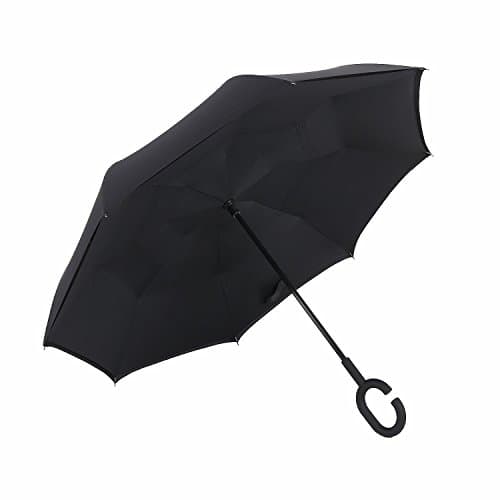 Inverted Umbrella, FiveMax Reverse Folding Double Layer Outdoor Rain Away Car Umbrella with C Shape Handle for Hands-Free (Black)