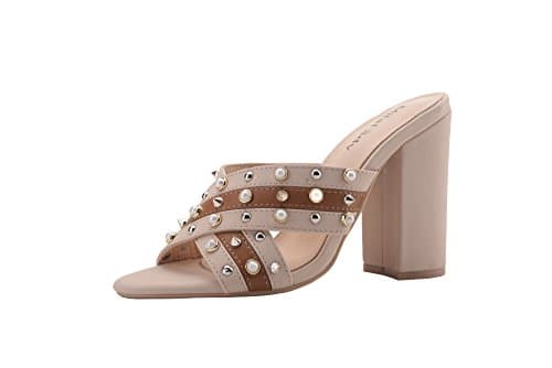 Ashley A Collection Hazel Women's Glamorous Platform Stud and Pearl Embellishment Block Chunky Heels,Nude/CAMEL8.5