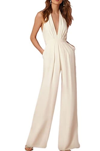 Women's Elegant V Neck Halter Backless Full lined Jumpsuits White XS