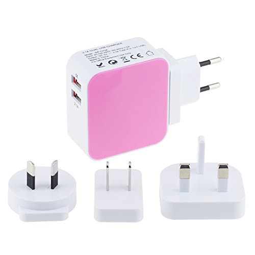 WONPLUG Rapid Double Speed Universal USB Charger - Dual / 2 Port for Cable Hub Power Charging Devices &amp; Accessories On UK /US/AU/EU Plug Mains Adapter - Portable &amp; Travel Friendly - PINK