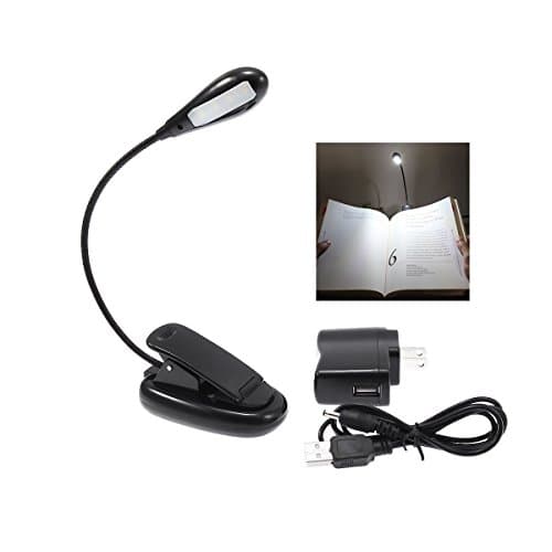 Rechargeable Extra-Bright 4 LED Reading Light with Clip On and 2 Brightness Settings Bundle with USB Cable &amp; UL Certified AC Charger (Black)