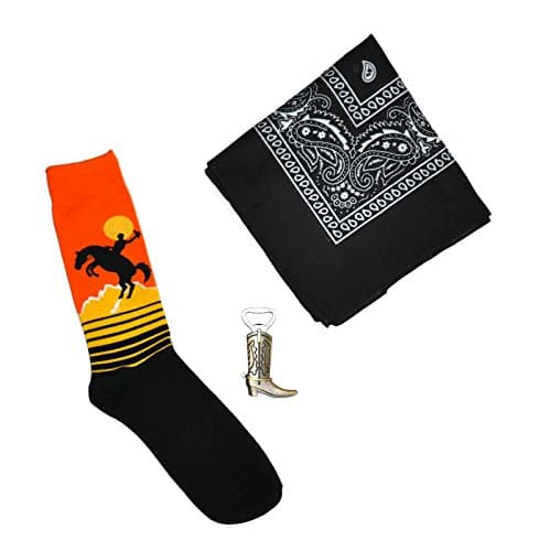 Rodeo Gift Bundle for Men - Set of 3 Items - Crew Socks, Bottle Cap Opener &amp; Bandana - Western Cowboy Theme (Black Bandana)