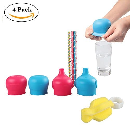 FunHitec 4 Pack Silicone Sippy Cup Lids Make Any Cup Spill-Proof Straw Training Cup or Bottle, FDA Approved BPA Free 4pcs (2 Pack Straw lids + 2 Pack Elephant Spout Lids)