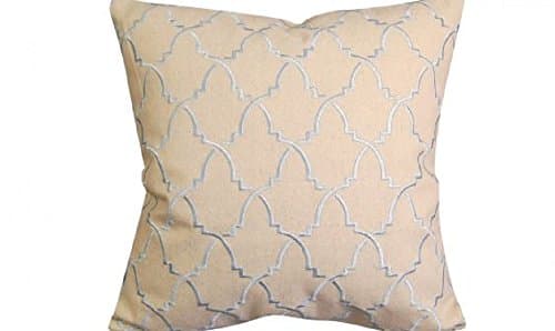 18 X 18 Modern Beige and Sky Blue Turkish Pattern Pillow - Indoor Cotton Beige background with sky blue threads create this modern turkish design. Indoor cotton pillow has solid back with zipper closure.