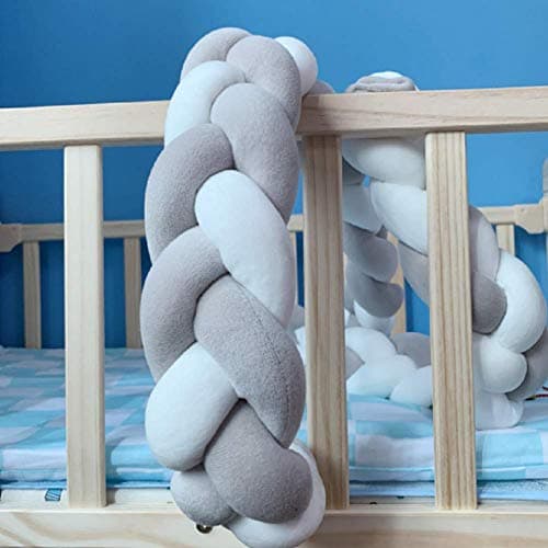 Braid Crib Bumper Soft Plush Knot Infant Cradle Bumper Pads,Pillow Cushion Cradle Decor(157 Inch/4M, Gray+White)