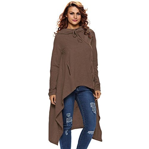 Gloshop Women's Brown Plain Drawstring Irregular Oversize Hoodie L