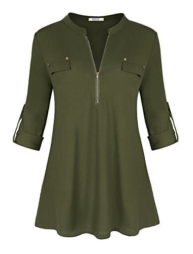 Ya Ya Hood Womens Split V-Neck 3/4 Roll-Up Sleeve Zip Up Casual Shirt Blouse Top (Green, Medium)