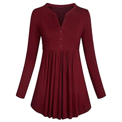 Gocheaper Long Tunic,Women's Mandarin Collar Pullover Loose Button Blouse Dress Tops T-Shirt (L, Red)