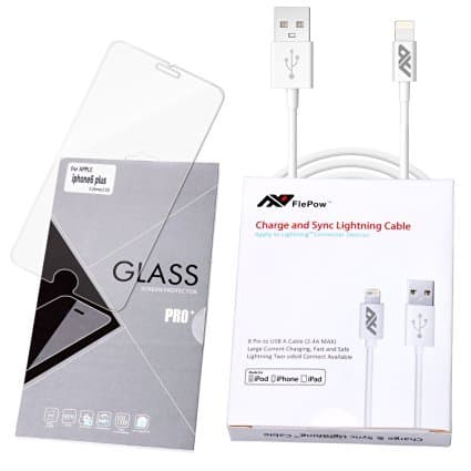 Paratron iPhone 6 Plus Screen Protector + Lightning Cable 2in1 iPhone 6 Plus Durable Tempered Glass Screen Protector and Apple MFI Certified 8 Pin USB Data Charging Sync Cable, White