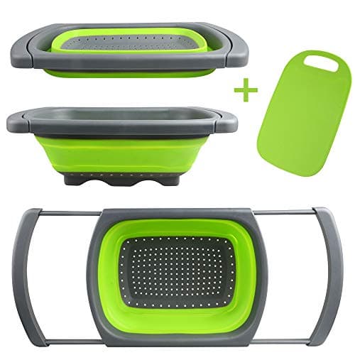 Collapsible Kitchen Colander【2019 New Version】Silicone Collapsible Over The Sink Colander With Handle/Folding Strainer For Draining Fruit,Vegetable and with a Cutting Board Gift (green and gray)