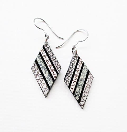 Original Upcycled OOAK Paper Mosaic Art Statement Silver Patterned Diamond Earrings