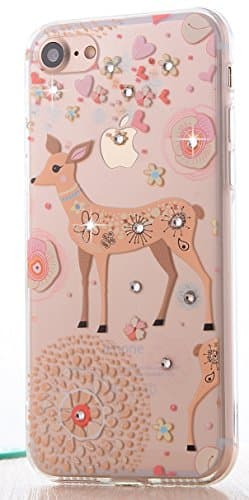 GreatQIQI iPhone 7 8 Case, [Dust plug] Clear Hard Protective Cover Case + Soft TPU Gel Bumper Cushion with Glitter Bling Rhinestone Diamond for iPhone 7 8 (Reindeer)
