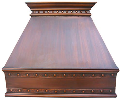 Handcrafted Copper Kitchen Range Hood with High CFM Vent, Stainless Steel Baffle Filter Decorative Strips and Hammered Rivets Wall Mount Antique Copper Finish 48in x 27in Height