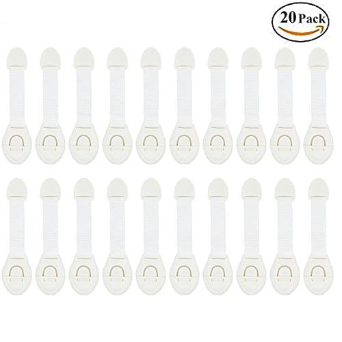 Child Safety Locks (20 Pack)- No Tools or Drilling -Fabric/Flexible-Adhesive Furniture Latches For Baby Proofing Cabinets, Drawers, Appliances, Toilet Seat, Fridge, Oven & More (20 Pack/Lot)