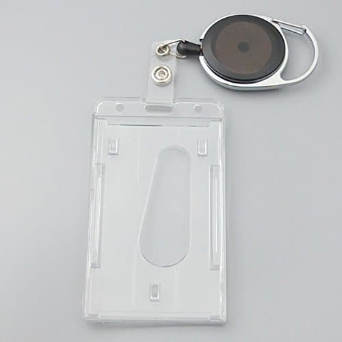 Bluemoona One Pcs - Vertical Style2 ID Hard Plastic Card Holder Business Stronghold Shielded + Oval Badge Reels Retractable Pick (Clear Black)