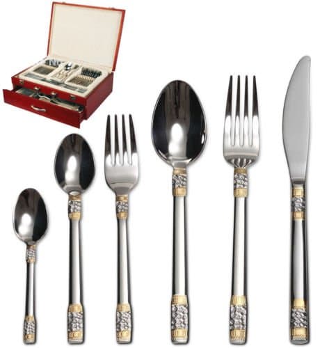 75-Piece Gold Flatware Set Dining Service for 12 - Premium 18/10 Stainless Steel - 24K Gold Plated Trim - Silverware Serving Set Lightweight - Wood Flatware Box - Dishwasher Safe (Vience)