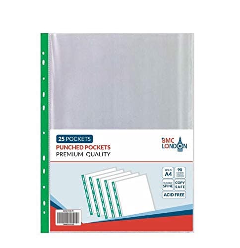 Punched Pocket A4 Extra Strong 90 Micron Transparent Poly Wallets Glass Clear 25 Sheet Protector Premium Quality Poly Pockets Files by BMC LONDON