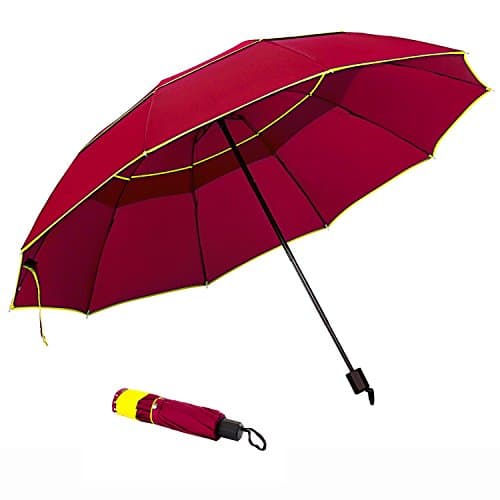 Boksin Compact Folding Golf Umbrella with 63 Inch Windproof Double Canopy for Family Outdoor Use, 4-Fold Rod, Manual Open and Close, Red