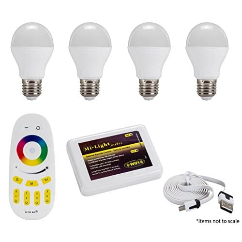 Milight Four Zone Package with Four Milight RGBW Cool White LED Bulbs Four Zone Remote and WiFi Controller