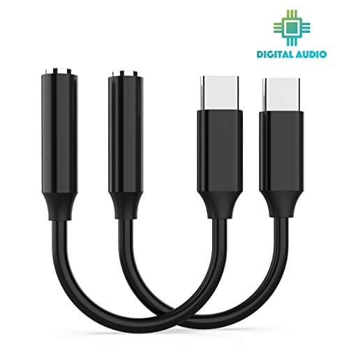 USB C Digital to 3.5mm Headphone Adapter (2-Pack), Equipped with DAC Chip, Function with Microphone, Compatible with Google Pixel 2 (XL) Moto Z Essential Phone HTC U11 Huawei Mate 10 Pro, Black