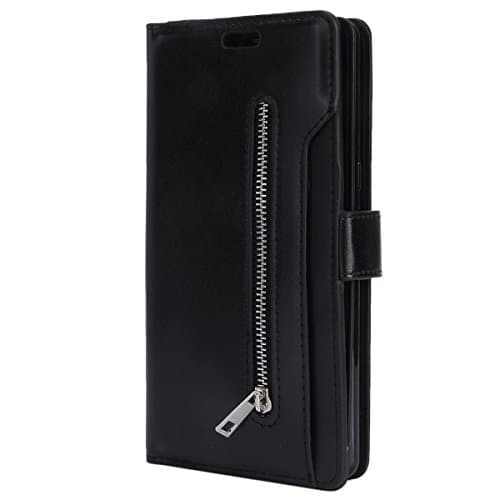 Galaxy Note 8 Zipper Leather Case, Samsung Note 8 Wallet Cover, Ekakashop Pure Color Premium Fashion Wallet Flip Case in PU Leather with 9 Card slots, Cash slot, Ultra Slim-fit Soft Silicone Rubber Full body Protective Shockproof Case Cover for Samsung Galaxy Note 8 with Ekakashop Kickstand (Color Random), Black