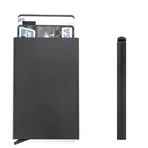 RFID Blocking Card Holder Automatic Pop-Up Aluminum Slim Wallet, Pure Black Minimalist for Travel or Work