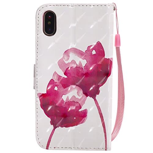 iPhone X Case (5.8-inch), iPhoneX Cover [Wrist Strap], MerKuyom [Special 3D] [Kickstand] Premium PU Leather Wallet Pouch Flip Cover Case Holster For Apple iPhone X (Pink Flower Couple)