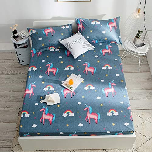 DEEN Bed Fitted Sheet 100% Microfibre,Waterproof & Breathable,Bedding Protector Mattress Cover,Easy to Fit,Pillowcase Pair,Unicorn