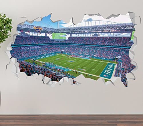 Miami Dolphins Hard Rock Stadium Wall Decal Smashed 3D Sticker Vinyl Decor Mural NFL - Broken Wall - 3D Designs - OP262 (Large (Wide 40" x 24" Height))