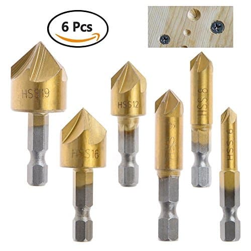 Drill Warehouse 6 Pcs 1/4'' Hex Shank HSS 5 Flute Countersink Drill Bit Set 90 Degree For Wood Quick Change Bit 6mm-19mm