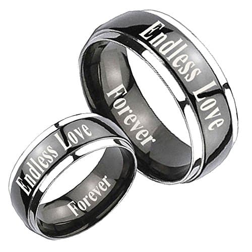 His and Hers Titanium Dome Mirror Polish Black IP Silver Edged Band Ring Set Size:4, 9