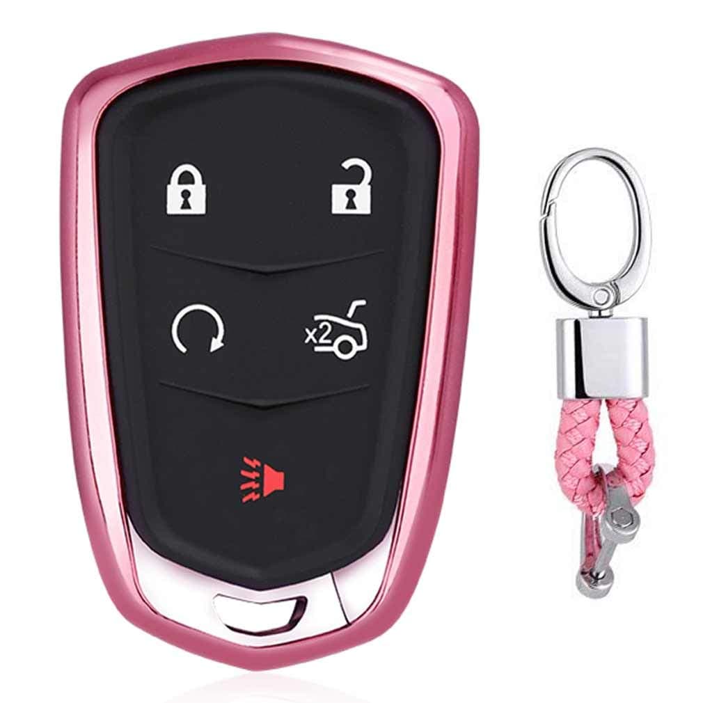 Pink Premium Soft TPU Car Key Case Shell Cover with Key Chain for Cadillac XT5 ATS XTS CT6 SRX CTS 3/4/5/6-Buttons