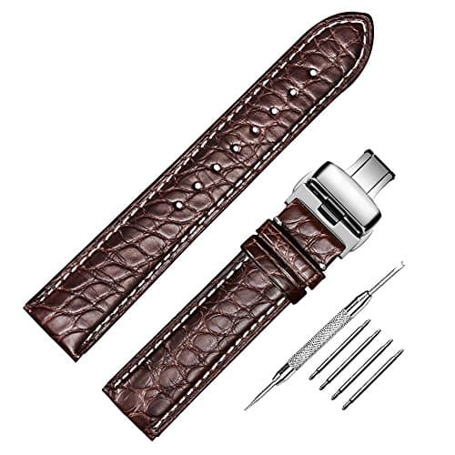 Genuine Crocodile Leather Watch Band Interchangeable Watch Strap Quick Release Deployment Butterfly Buckle with Spring Bar and Spring Bars Bonus 18mm/19mm/20mm/21mm/22mm/24mm