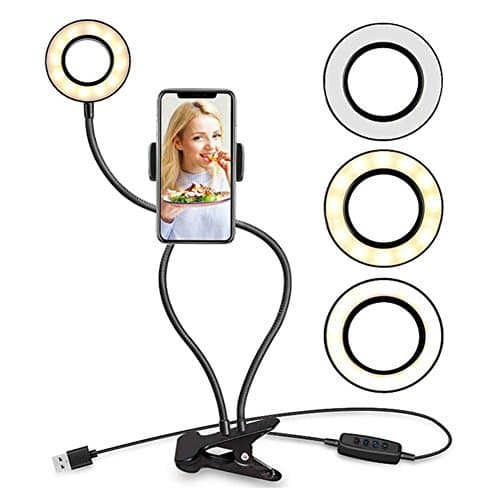 OWIKAR Cell Phone Holder with Selfie Ring Light for Live Stream, Dimmable 3 Light Mode with Flexible Arms Phone Clip Holder Lazy Bracket Desk Lamp for Bedroom, Office, Kitchen, Bathroom (Black)