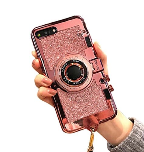 Punassi Classic 3D Camera Design Case Silicone Cover Holder Stand Case with Long Strap Rope,Gift for Girls (iphone 6plus/6s plus, Pink)