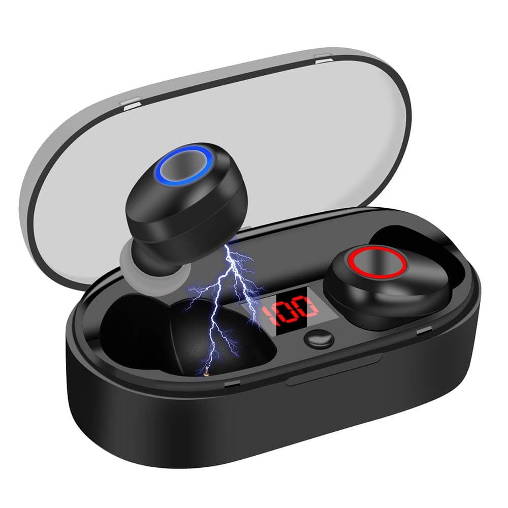 Wireless Headphones 16H Playtime with Volume Control, Bluetooth 5.0 Headphones Auto-Off with Charging Case, HEMRLY Stereo Sound Wireless Earbuds Noise Cancelling with Microphones for Sports - Black