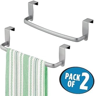 mDesign Steel Metal Wire Over Cabinet Towel Rack Storage Organizer - Hang on Cabinet or Door - Towel Bar Holder for Kitchen - Holds Hand Towels, Washcloths - Spira Collection, 2 Pack, Silver