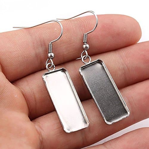 Plated Rectangle cabochon Earring Base Settings 10x25mm Dia Blank Stainless Steel Earrings Bezel Trays 10pairs (Steel)