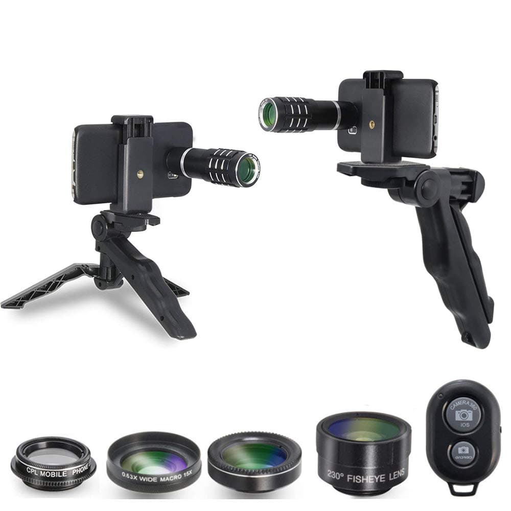 Camera Shutter Remote and Lens Kit for Samsung Galaxy S6 / S6 Edge / S7 / S7 Edge - 12x Telephoto/CPL/Fisheye / 2in1 Macro + Wide Angle Lens/Tripod/Tripod Adapter/Hard Case/Universal Clip