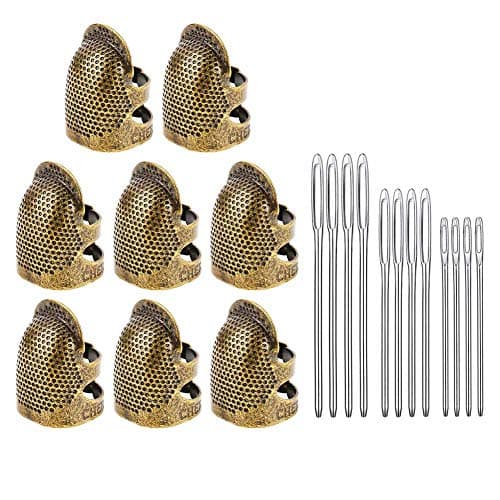 BKpearl 8 Pack Sewing Thimble Finger Protector, Copper Adjustable Fingertip Thimble Finger Metal Shield Protector with 12 pcs Sewing Quilting Needles