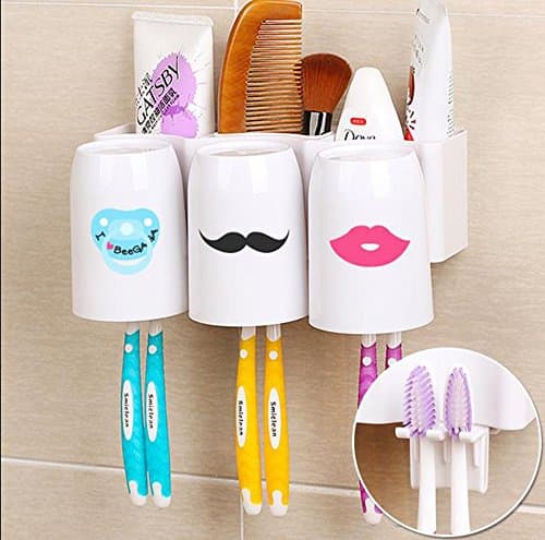 Leop Funny Decorative Suction Cup Wall Mounted Adhesive Storage Box Five Pieces Bathroom Accessory Set Sanitary Ware Toothbrush Toothpaste Holder Box Three Tumblers,ABS Plastic White