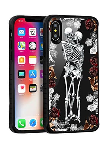 PHONETATOOS iPhone X Case Compatible With Apple - iPhone 10 Phone Cover Black - Soft Silicone and Hard Plastic Protection Shockproof - Printed Case (2017) 5.8 Inch (Kissing Skulls)